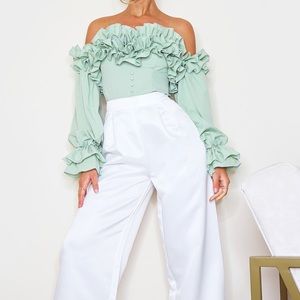 Sage Green Ruffle Hem Off Shoulder Long Sleeve Top.
